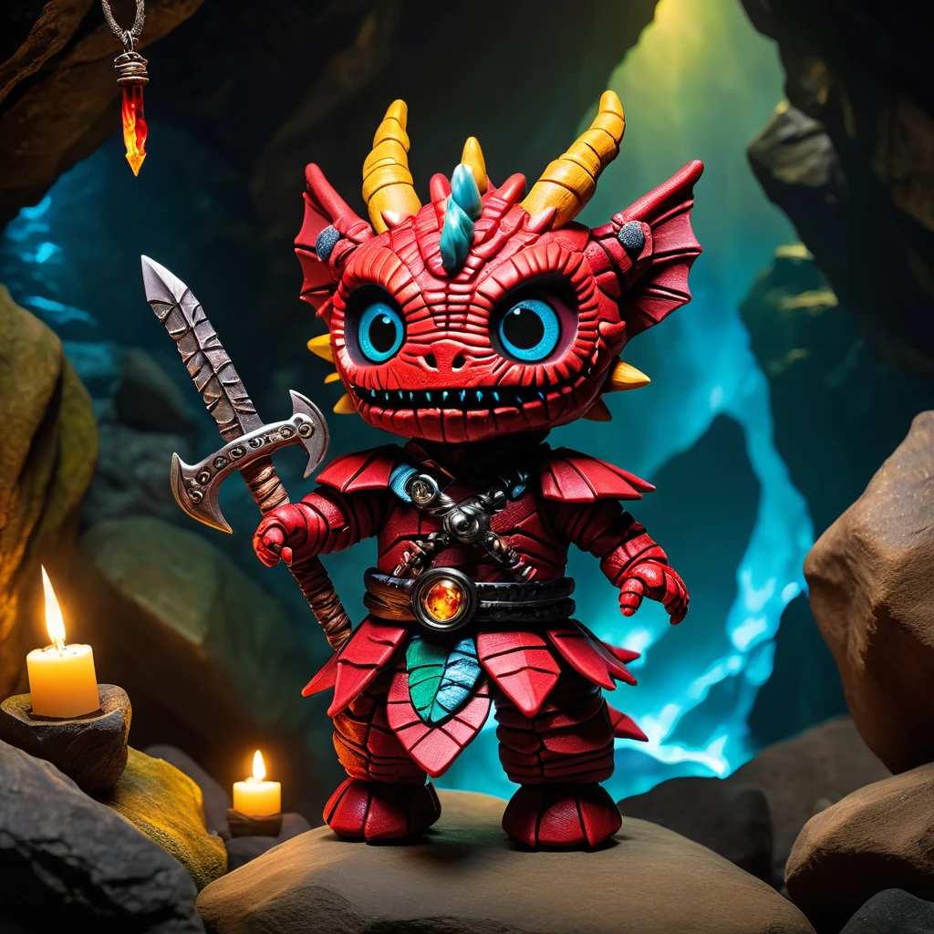 (knitted toy voodoo doll:1.5), (Voodoo Dragon Cave Explorer:1.3), (Clothing: rugged adventure attire:1.0), (Accessories: enchanted sword emitting sparks of bravery magic, levitating spectral dragon scales:1.1), (background: mystical dragon cave with floating rocks, glowing dragon treasures, and spectral dragons:1.2), best quality, masterpiece, detailed soft oil painting, detailed background, dramatic cinematic lighting, soft edge lighting, professional, dramatic lighting, hard edge lighting, ultra quality, 4k, masterpiece, best quality, 8k, ultra high definition, high resolution, extremely detailed