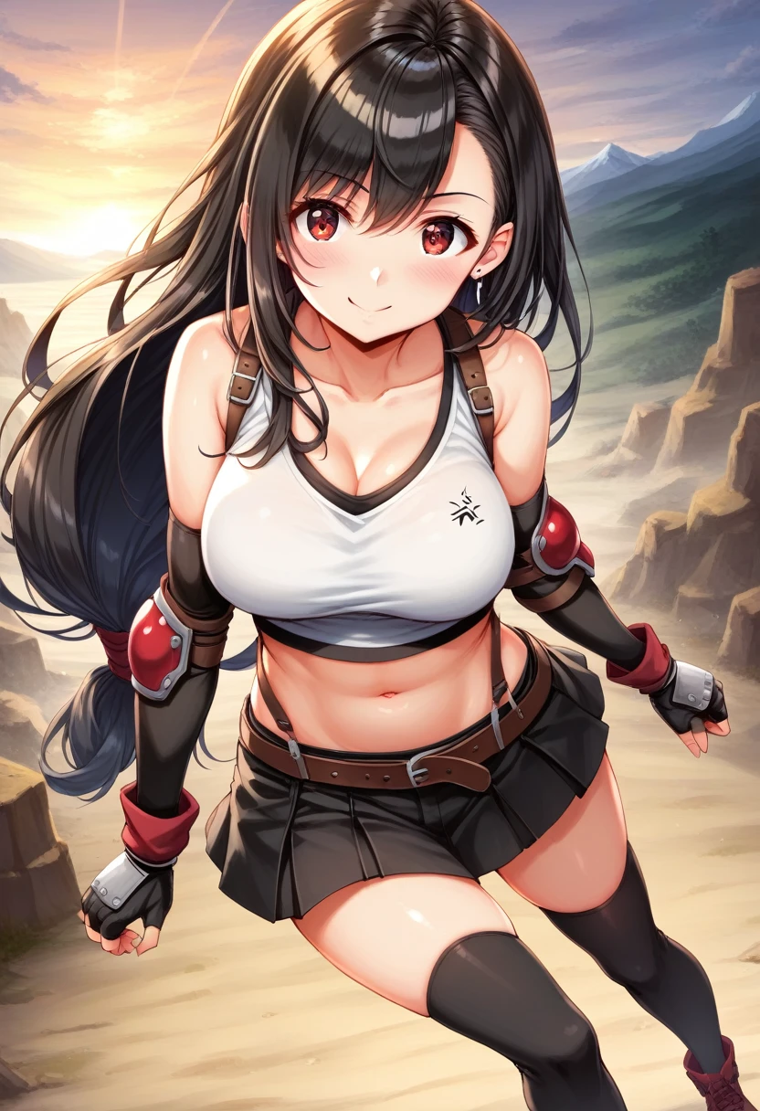 ,2020s_(style),(score_9,score_8_up,score_7_up,score_6_up,score_5_up,score_4_up), BREAK ,from above,(dynamicangle,dynamicpose),(trying to hit at viewer:1.3),punching,,medium shot),looking_at_viewer ,1girl, tifa lockhart, final fantasy, tareme,black hair, low-tied long hair, red eyes,wide-eyed, bangs, (white tank top, belt, pleated skirt, thighhighs, elbow fingerless gloves, elbow pads, midriff, navel,suspender skirt) ,large_breasts,(light smile),,,Solo,,(daytime and outdoor and mountain),hyper detailed,beautiful,great lighting, perfect hands, detailed shadows,anime artwork, anime style, key visual, vibrant, studio anime,HDR,highly detailed,anime coloring, masterpiece, best quality,best aestethic, absurdres,,professional lighting,cinematic lighting, rule of odds