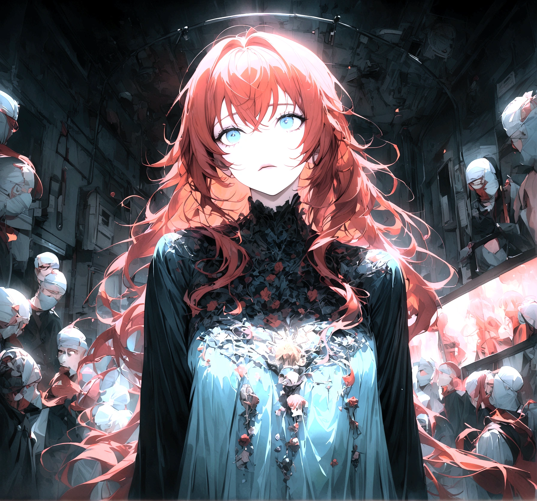 Rias Gremory blue eyes red hair wearing surgeon's clothes and in a hospital
