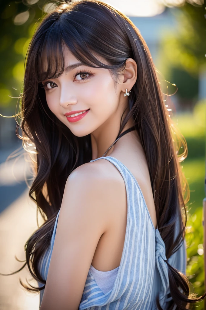 (((True Beauty))), ((RAW Photos)), Black Hair、folder、Round eyes、False eyelashes、Straight hair, Wavy Hair、correct、Deep Red Lipstick、Striped Hair、Brown Hair、Blue Hair、(Gradient Hair)、Asymmetrical Hair、Hair behind the ear、Crossed bangs、Long Hair、((お尻までLong Hair))、Long Hair、Smooth, Silky Hair、Hair up on one side、とんでもなくLong Hair、Light brown eyes、Ring Eye、Round eyes、Wicked Smile、A light smile、Cast a Shadow、(Extraordinary presence)、Atmospheric perspective、Backlight、Exposure、Lens flare、、最high quality、超High resolution、超High resolution、Very realistic, masterpiece、correct、Textured skin、high quality、最high quality、Awards、32k, 髪のfolder、Crafty、C Cup 、bold、（A light smile）、Embarrassed laugh、Redness in the ears、correct、Shine、360° View、Very detailed、超High resolution、解剖学的にcorrect、masterpiece、Accentuate your breasts、High resolution、High detail、Long eyelashes、A slight blush、Compensate,I&#39;I don't want to wear clothes、 (((Full Body Shot)))、（((Roll up your hair))）、Seductive pose、Shooting from a distance、Different angles of view、Waist height 、Sony FE、Hair blowing in the wind、（Navel exposed 1.3），Skin-colored transparent forceps，（(Black transparent pantyhose 1.5)），(Straighten your legs)， jewelry, Night view, 立つ up straight, Big earrings，Soft Light，Top Glitter
