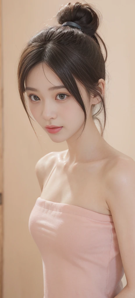 (((best quality))),(((ultra detailed))),(((masterpiece))),illustration,1girl,solo,short ponytail,slim,thin,small breasts,flat chest,strapless white bra,in kendo gym,focused and determined expression,ready for challenge,slender and elegant face,confident and resilient,fair skin,blush,neat teeth,bright smile,clean and tidy uniform,wooden gym floor,wall,pine scent,standard grip,ready to slice through obstacles,strong belief,determination,spirit of resilience,admiring,((from front,close-up of face))