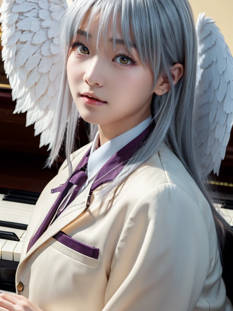 (Highest quality、4K、8K, masterpiece:1.3), Ultra detailed face, Detailed lips, Detailed eyes, double eyelid, 
BREAK, 
(extreme  close up:1.75), (from side:1.25),
BREAK,
1girl, 18 years old, short height, tachibana kanade, silver hair, short height, 
BREAK
(yellow eyes), white hair, long hair, bangs, hair pulled back,
BREAK,
looking at viewer, ((playing piano)),
photo background, photo inset, dusk, outdoors, spring, wind, falling petals, sunlight, skyline, 
BREAK
schooluniform, jacket, blazer, long sleeves, neck ribbon, gem, necklace, pleated skirt, kneehighs, loafers,
(((Angel wings spread wide on the back))),
