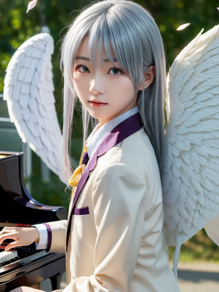 (Highest quality、4K、8K, masterpiece:1.3), Ultra detailed face, Detailed lips, Detailed eyes, double eyelid, 
BREAK, 
(extreme  close up:1.75), (from side:1.25),
BREAK,
1girl, 18 years old, short height, tachibana kanade, silver hair, short height, 
BREAK
(yellow eyes), white hair, long hair, bangs, hair pulled back,
BREAK,
looking at viewer, ((playing piano)),
photo background, photo inset, dusk, outdoors, spring, wind, falling petals, sunlight, skyline, 
BREAK
schooluniform, jacket, blazer, long sleeves, neck ribbon, gem, necklace, pleated skirt, kneehighs, loafers,
(((Angel wings spread wide on the back))),
