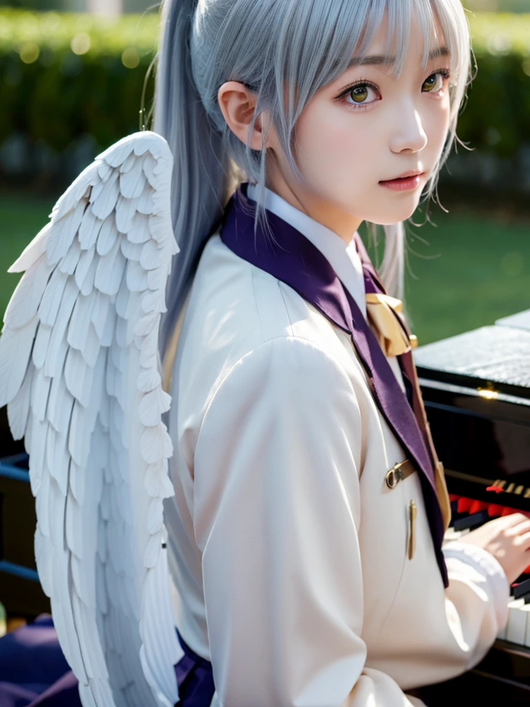 (Highest quality、4K、8K, masterpiece:1.3), Ultra detailed face, Detailed lips, Detailed eyes, double eyelid, 
BREAK, 
(extreme  close up:1.75), (from side:1.25),
BREAK,
1girl, 18 years old, short height, tachibana kanade, silver hair, short height, 
BREAK
(yellow eyes), white hair, long hair, bangs, hair pulled back,
BREAK,
looking at viewer, ((playing piano)),
photo background, photo inset, dusk, outdoors, spring, wind, falling petals, sunlight, skyline, 
BREAK
schooluniform, jacket, blazer, long sleeves, neck ribbon, gem, necklace, pleated skirt, kneehighs, loafers,
(((Angel wings spread wide on the back))),
