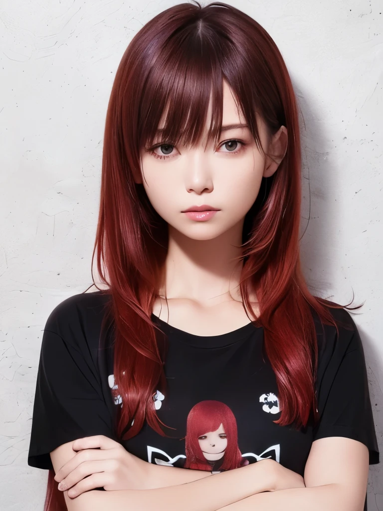(Highest quality、8K、32k、masterpiece)、(Realistic)、(Realistic:1.2)、(High resolution)、Very detailed、Very beautiful face and eyes、1 Girl、Round and small face、Tight waist、Delicate body、(Highest quality、Attention to detail、Rich skin detail)、(Realistic、Realistic:1.37)、Bright colors、(((Red Hair)))、(((Upper Body Shot)))、(((Long Hair)))、(((Fair skin)))、(((White wall background)))、(((White wall background)))、(((Lonely face)))、(((Arms crossed)))、(((Black T-shirt)))、(((Rock T-shirt)))