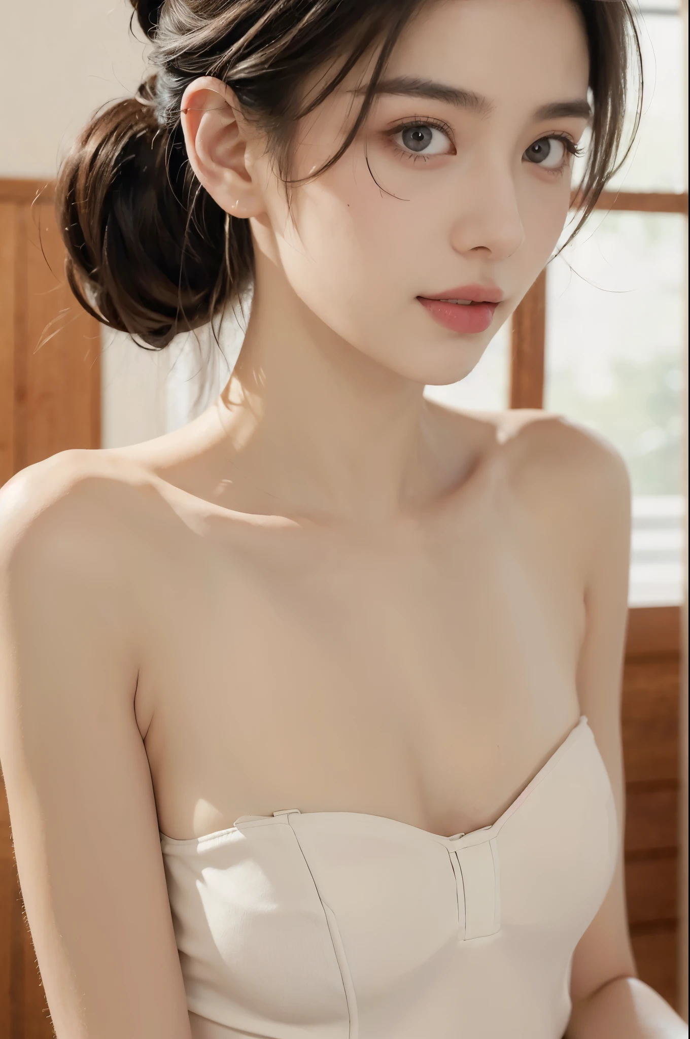 (((best quality))),(((ultra detailed))),(((masterpiece))),illustration,1girl,solo,short ponytail,slim,thin,small breasts,flat chest,strapless white bra,in kendo gym,focused and determined expression,ready for challenge,slender and elegant face,confident and resilient,fair skin,blush,neat teeth,bright smile,clean and tidy uniform,wooden gym floor,wall,pine scent,standard grip,ready to slice through obstacles,strong belief,determination,spirit of resilience,admiring,((from front,close-up of face))