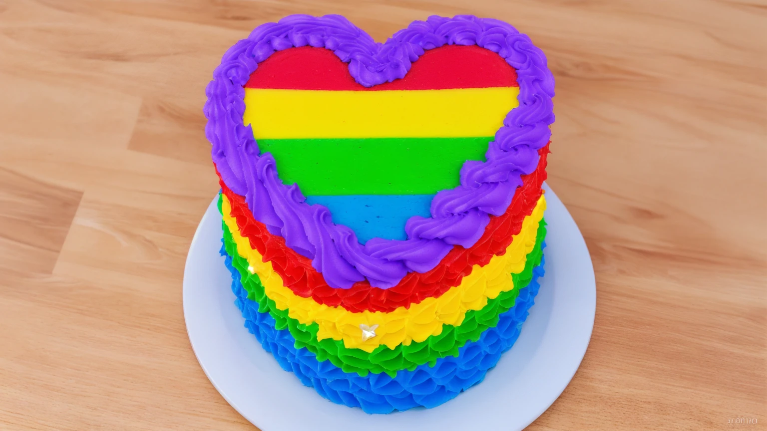 on a wooden table, there is a white plate with a heart cake , rainbow cream heart cake ( star shaped) , multi-colored heart on top, decorated with purple cream, cream with highlights, view from above,  Beautiful light from the window, beautiful lighting, bright announcement, Multiple light sources, Realistic style, realistic textures, high quality, high detail, detailed textures, ultra 4k hd, macro photography