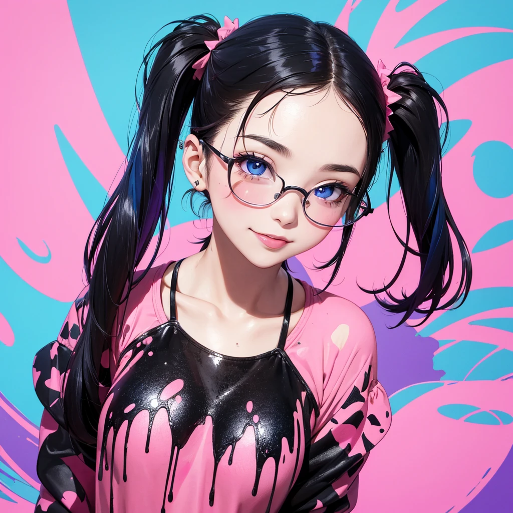 absurderes, ultra-detailliert,bright colour,(in 8K:1.3),masuter piece,extremely beautiful detailed face and eyes, 25 years old,(Smooth straight black hair), (Shiny medium pigtails hair),(Pattsun bangs), (Deep blue eyes) Delicate beautiful face, red blush, (wearing messy pink and blue and violet colors outfit) Nice Spot, pink background with a lot of messy paint, tongue out while smiling, wearing black sunglasses.