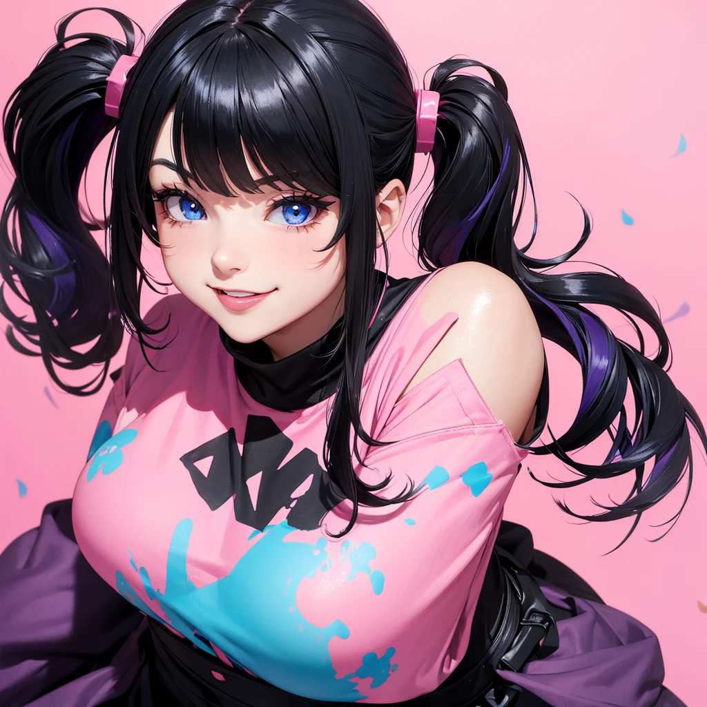 absurderes, ultra-detailliert,bright colour,(in 8K:1.3),masuter piece,extremely beautiful detailed face and eyes, 25 years old,(Smooth straight black hair), (Shiny medium pigtails hair),(Pattsun bangs), (Deep blue eyes) Delicate beautiful face, red blush, (wearing messy pink and blue and violet colors outfit) Nice Spot, pink background with a lot of messy paint, tongue out while smiling, wearing black sunglasses.