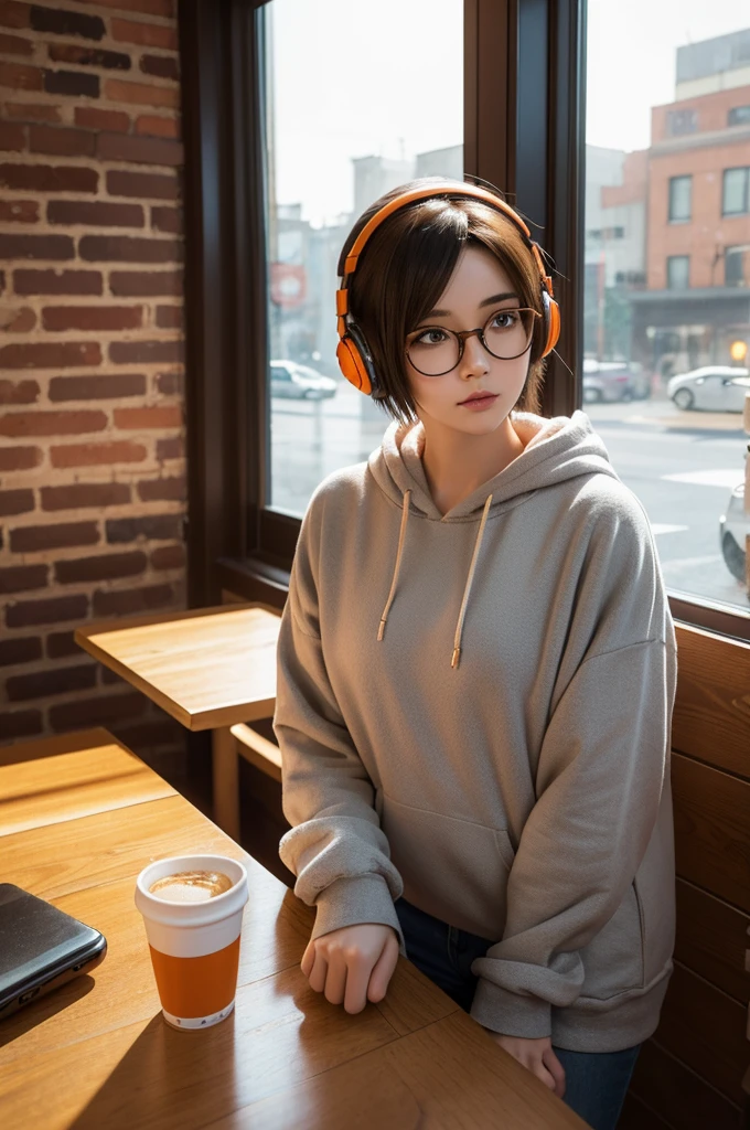 3D rendered illustration, anime style, young woman with short hair, orange glasses, headphones, gray hoodie, using smartphone, cozy cafe interior, wooden furniture, brick wall, hanging lamps, city view through window, warm lighting, detailed textures, slice of life, urban lifestyle, digital art, Pixar style"