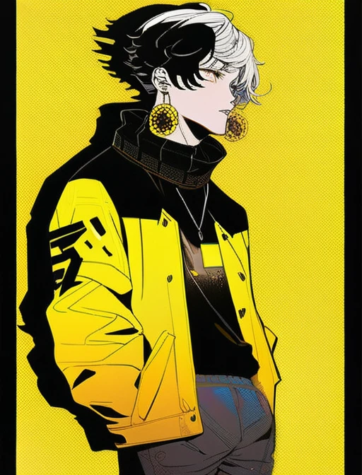 Cyberpunk,hyperrealistic, 1 boy with black and white hair,Profile,yellow background, yellow eyes