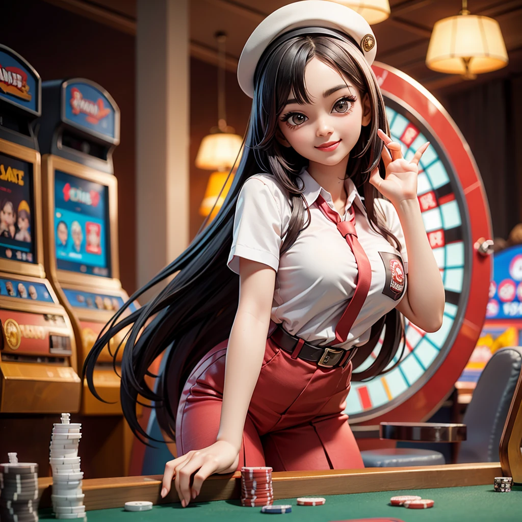 happy and smile, {{indonesian girl}}, {wearing high school uniform}, teasing and waiting customer play, standing, playing in casino, red casino background, polite and kind, Sweet Face, roulette table, poker table, big slot machines right and left, win jackpot,
