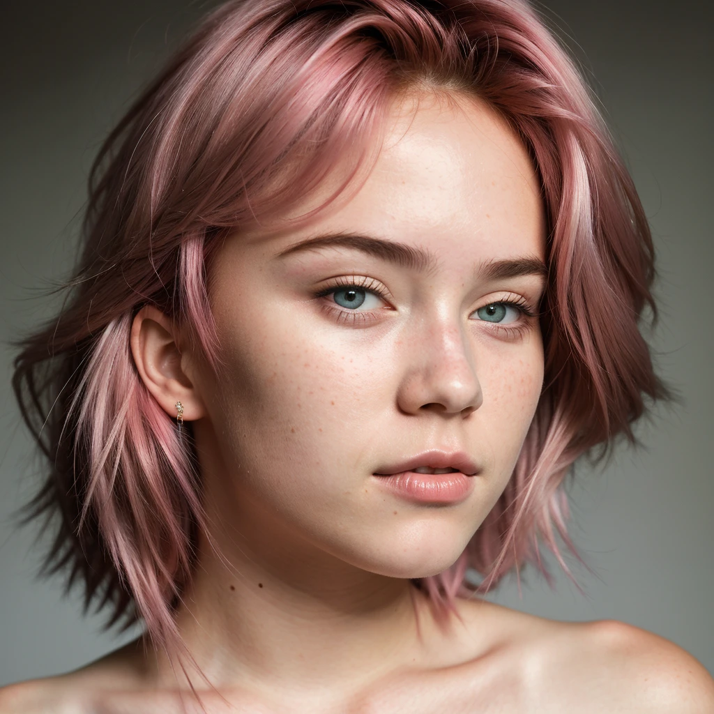A sexy 18 year old, tumbler (pink hair) , ((black eye color)) , sardines on the face, big hair, (face perfect), (Ultra realistic and detailed 14k photo quality) (same face ) best qualityer