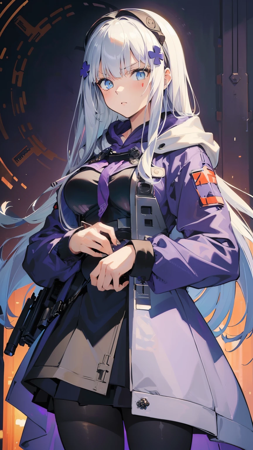 (best quality:1.3), (masterpiece:1.3), (illustration:1.3), (ultra-detailed:1.3), (mid shot:0.9), 1girl, Long hair, white hair, ((blue eyes, purple hoodie, military, black coat, black skirt, pantyhose, HK416Normal,)) medium breasts, standing, serious expression, looking at viewer, 