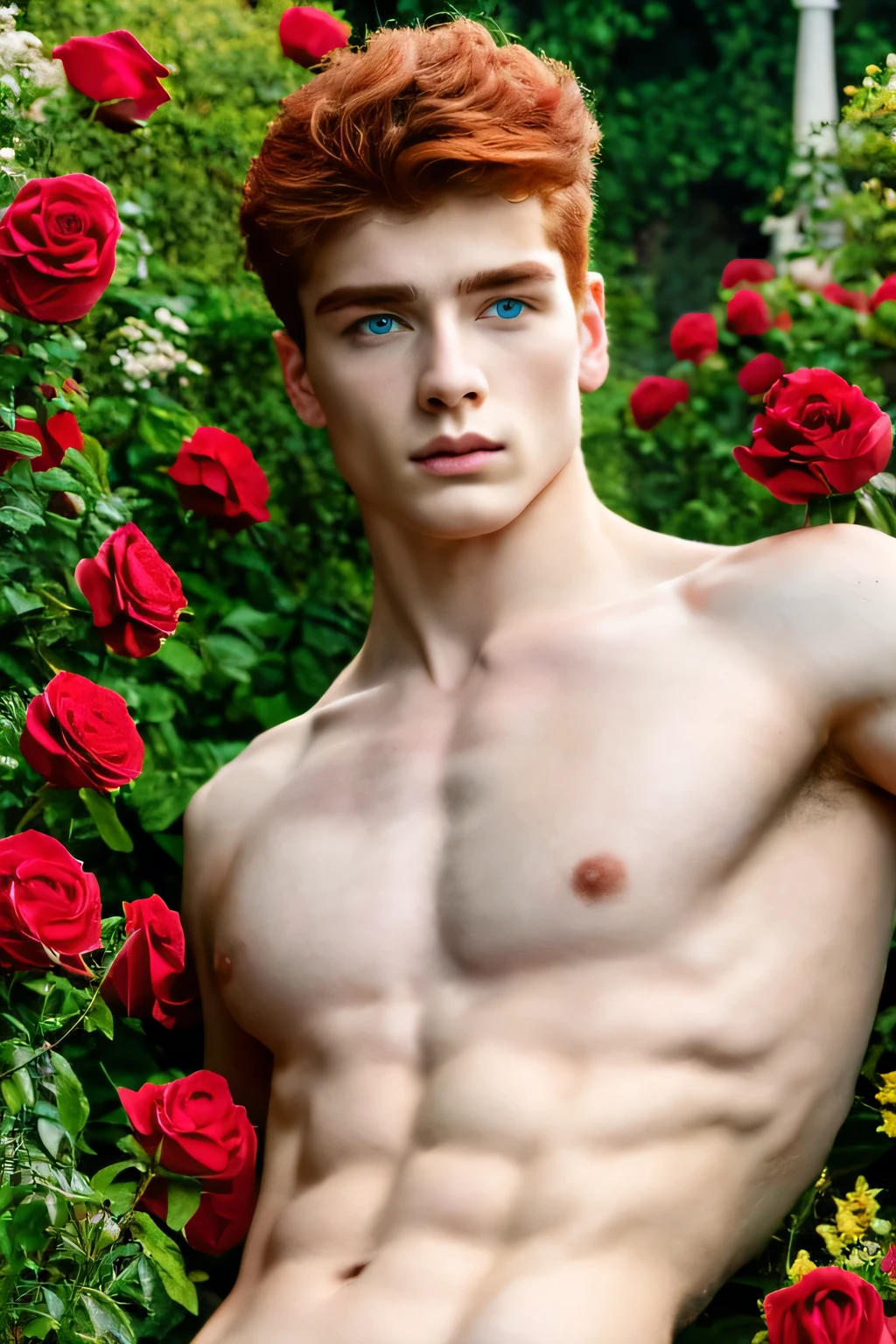 portrait of a young man, artistic portrait, Roses garden, imposing garden, baroque garden, Versailles, europe, euroboy, european boy, bonitas, boy, homosexual, cinematographic, Ablaze, Strong jaw, toned body, greek face, pretty girl, bonita supermodel greek, Strong jaw, naked torso, toned body, greek face, bonitas boy, supermodel boy, cinematic, Perfection, work of art, photoshoot, Red hair, pale skin, greeneyes, focus on the face, focus on the boy , face ilumined