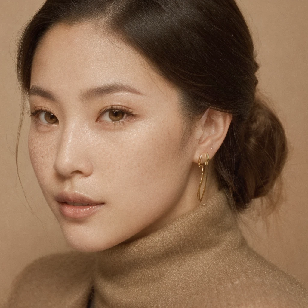 `A young 21-year-old woman named Lila Nakamura with a mixed Japanese and American heritage. She has thick dark black eyeliner, glossy lips, and a neutral to slight smile expression. She has straight, black hair with blonde highlights that falls just past her shoulders, styled in a neat and polished manner. Her eyes are almond-shaped with a light hazel color, accentuated by subtle eyeshadow and mascara. Her skin has a light to medium tone with a natural, fresh look, and she has a few delicate freckles across her nose. She is wearing a simple, professional outfit, consisting of a white blouse and dark jeans, and accessorized with small gold hoop earrings. The background is a neutral studio setting with soft lighting to highlight her features.
