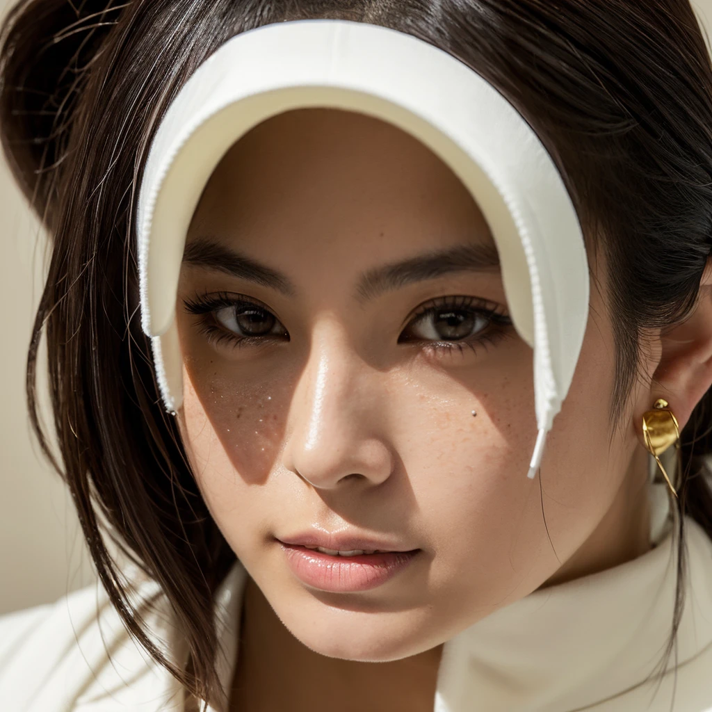 "A young 21-year-old woman named Lila Nakamura with a mixed Japanese and American heritage. She has thick dark black eyeliner, glossy lips, and a neutral to slight smile expression. She has straight, black hair with blonde highlights that falls just past her shoulders, styled in a neat and polished manner. Her eyes are almond-shaped with a light hazel color, accentuated by subtle eyeshadow and mascara. Her skin has a light to medium tone with a natural, fresh look, and she has a few delicate freckles across her nose. She is wearing a simple, professional outfit, consisting of a white blouse and dark jeans, and accessorized with small gold hoop earrings. The background is a neutral studio setting with soft lighting to highlight her features."