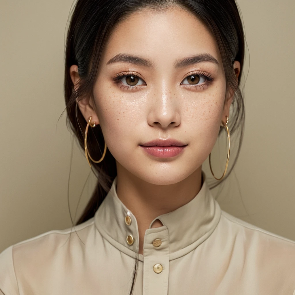 "A young 21-year-old woman named Lila Nakamura with a mixed Japanese and American heritage. She has thick dark black eyeliner, glossy lips, and a neutral to slight smile expression. She has straight, black hair with blonde highlights that falls just past her shoulders, styled in a neat and polished manner. Her eyes are almond-shaped with a light hazel color, accentuated by subtle eyeshadow and mascara. Her skin has a light to medium tone with a natural, fresh look, and she has a few delicate freckles across her nose. She is wearing a simple, professional outfit, consisting of a white blouse and dark jeans, and accessorized with small gold hoop earrings. The background is a neutral studio setting with soft lighting to highlight her features."

