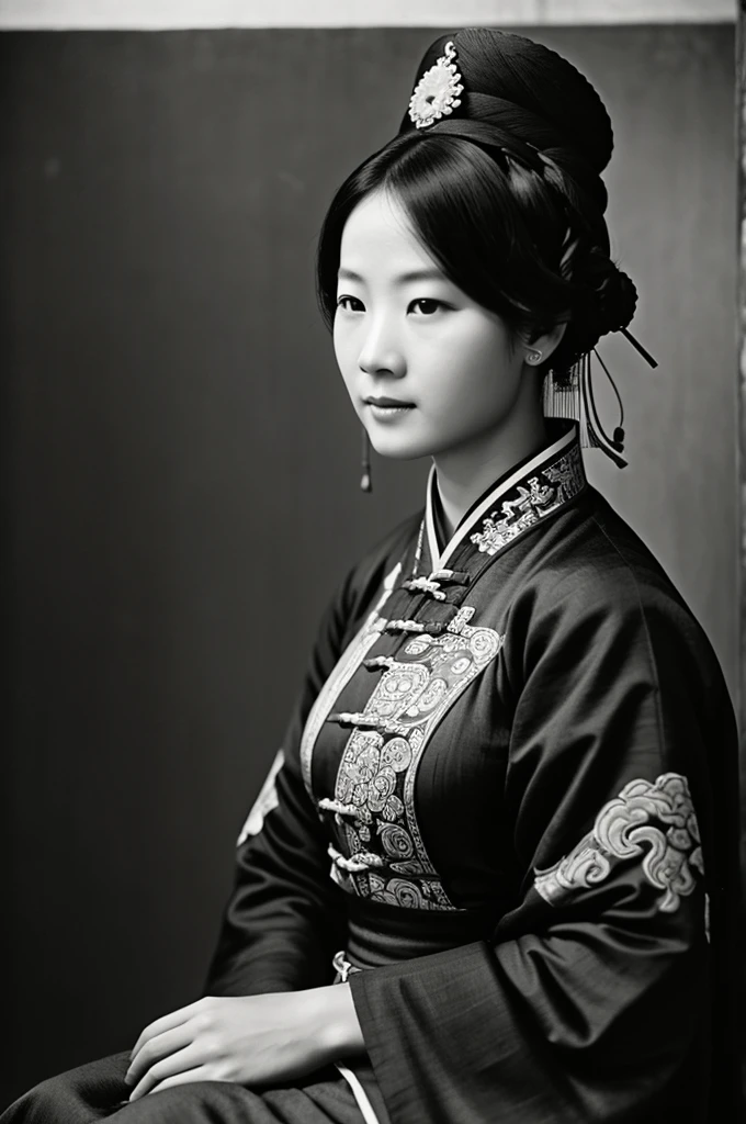 Black and white photograph of a woman in the Qing Dynasty