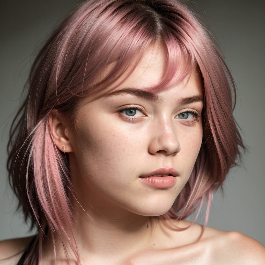 A sexy 18 year old, tumbler (pink hair) , ((black eye color)) , sardines on the face, (big straight hair), (face perfect), (Ultra realistic and detailed 14k photo quality) (same face ) best qualityer
