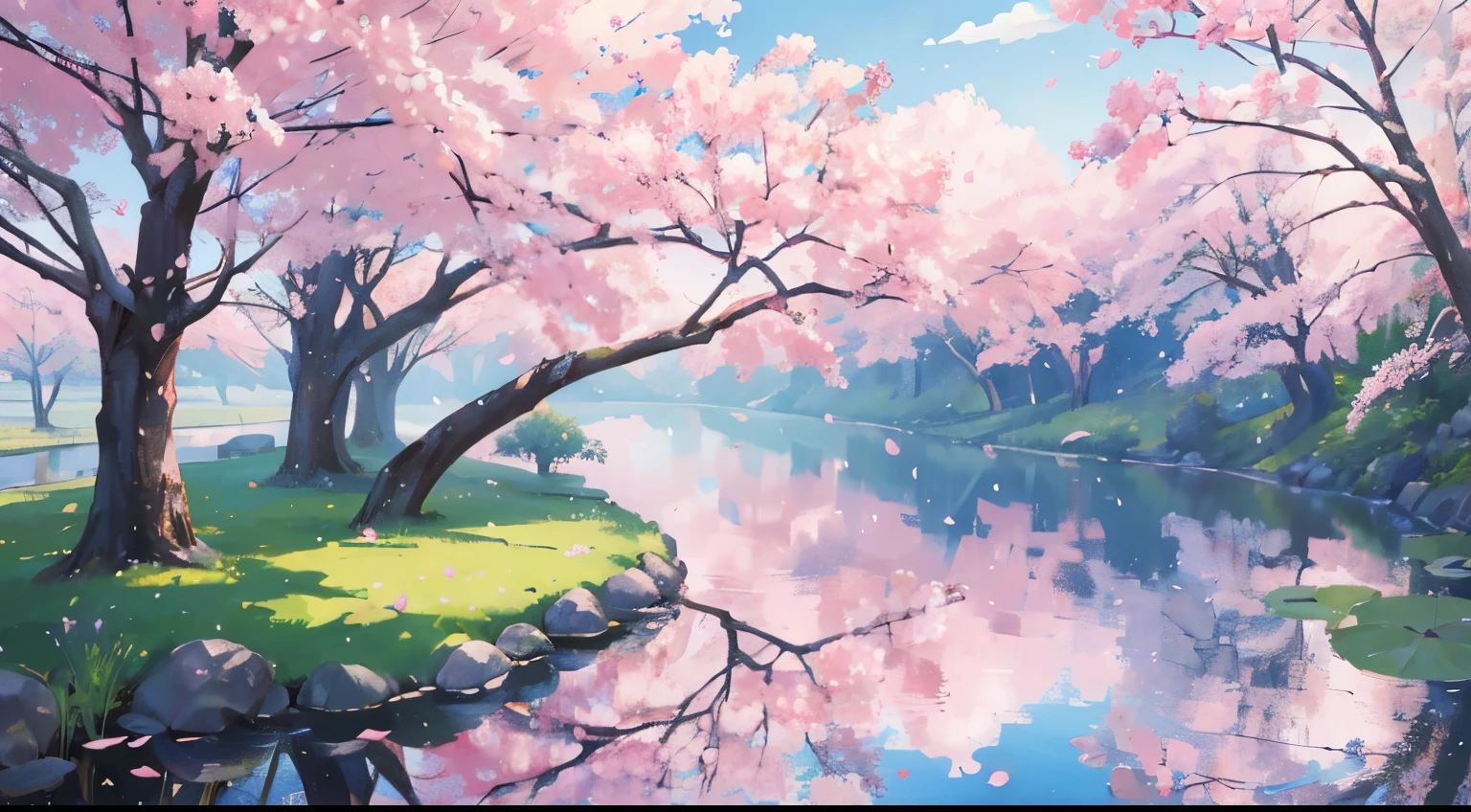 Best quality, Night at the lotus pond, small pond, sakura trees, sakura petals, distant view, colorful artwork, beautiful sky, beautiful sunlight, amazing scenery, amazing visuals, beautiful artwork, ultrasharp, masterpiece, highres, 8k