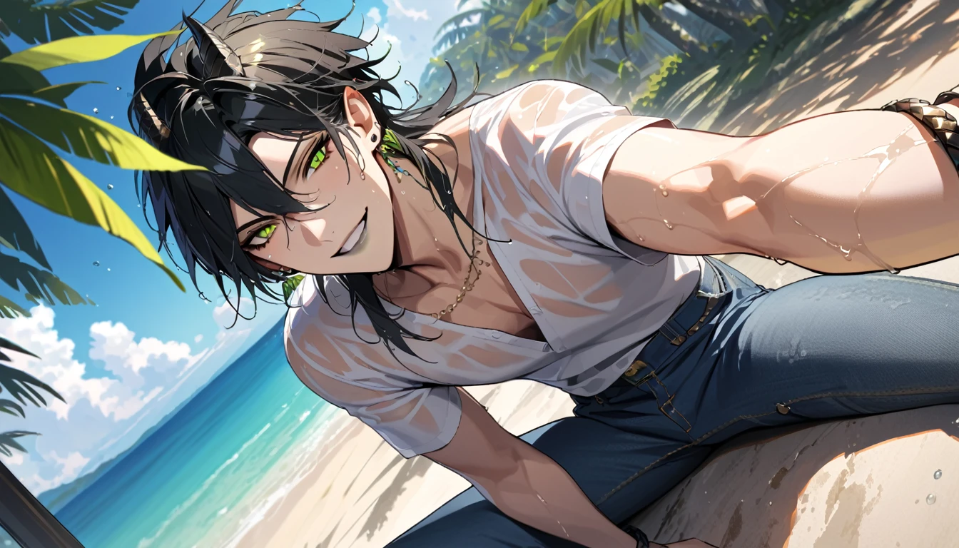 masterpiece, highres, absurdres, illustration, ((masterpiece:1.4, best quality)), (Ultra detailed background), 1boy, handsome man, highly detailed beautiful face and eyes, beautiful eyes, (sharp detail:1.3), shiny, earrings, bracelet, (wet clothes:1.3), Shirts, Bari, Cebu Island, plumeria, near the beach, dynamic angle, 1boy, sitting on floor, topless, jeans, dynamic angle, malleus draconia (twisted wonderland) horns, bishounen, boy, male, yana Toboso style, long hair, black hair, yellow green eyes, smile, gray lips, handsome, skinny, tall, yellow green glow,