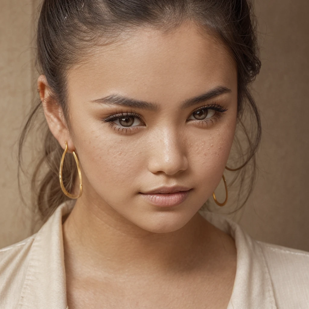 A young 21-year-old woman named Lila Nakamura with a mixed Japanese and American heritage. She has thick dark black eyeliner, glossy lips, and a neutral to slight smile expression. She has straight, black hair with blonde highlights that falls just past her shoulders, styled in a neat and polished manner. Her eyes are almond-shaped with a light hazel color, accentuated by subtle eyeshadow and mascara. Her skin has a light to medium tone with a natural, fresh look, and she has a few delicate freckles across her nose. She is wearing a simple, professional outfit, consisting of a white blouse and dark jeans, and accessorized with small gold hoop earrings. The background is a neutral studio setting with soft lighting to highlight her features.