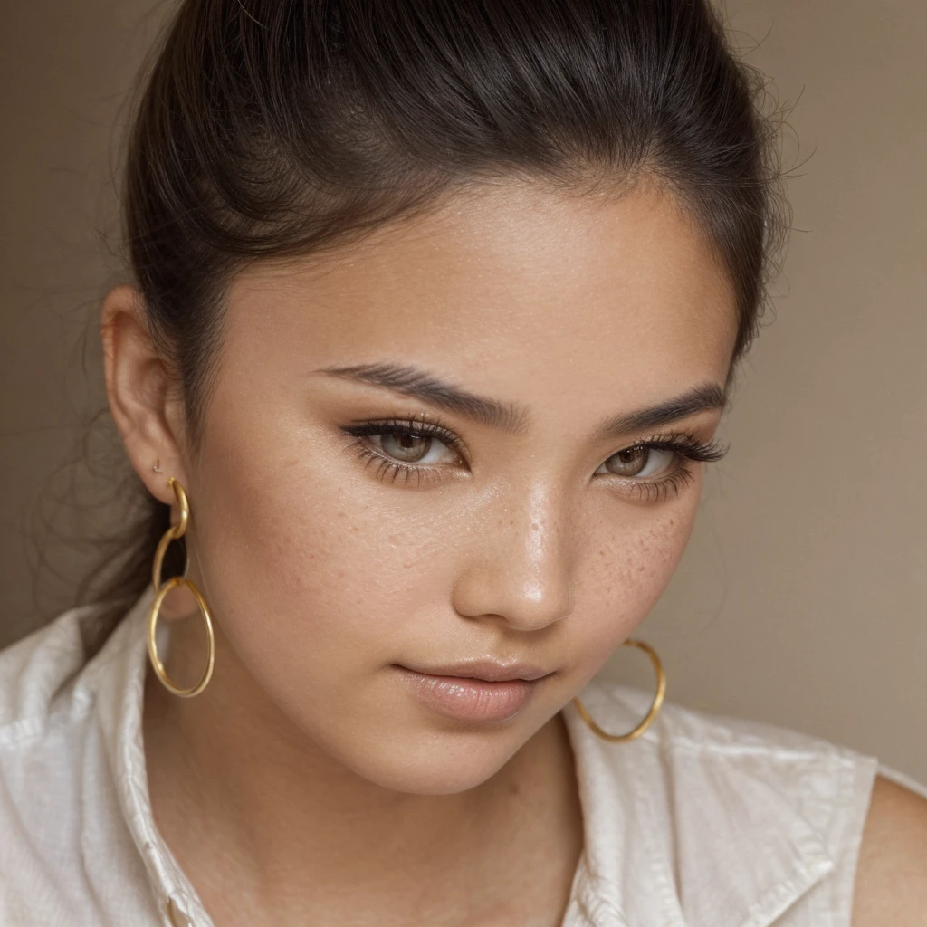A young 21-year-old woman named Lila Nakamura with a mixed Japanese and American heritage. She has thick dark black eyeliner, glossy lips, and a neutral to slight smile expression. She has straight, black hair with blonde highlights that falls just past her shoulders, styled in a neat and polished manner. Her eyes are almond-shaped with a light hazel color, accentuated by subtle eyeshadow and mascara. Her skin has a light to medium tone with a natural, fresh look, and she has a few delicate freckles across her nose. She is wearing a simple, professional outfit, consisting of a white blouse and dark jeans, and accessorized with small gold hoop earrings. The background is a neutral studio setting with soft lighting to highlight her features.