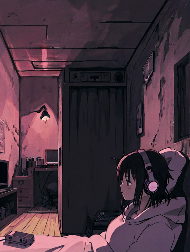 Girl listening to music in a cozy room at night, Use headphones, 2 d anime style, lo fi, hard disk, dark environment、Emo
