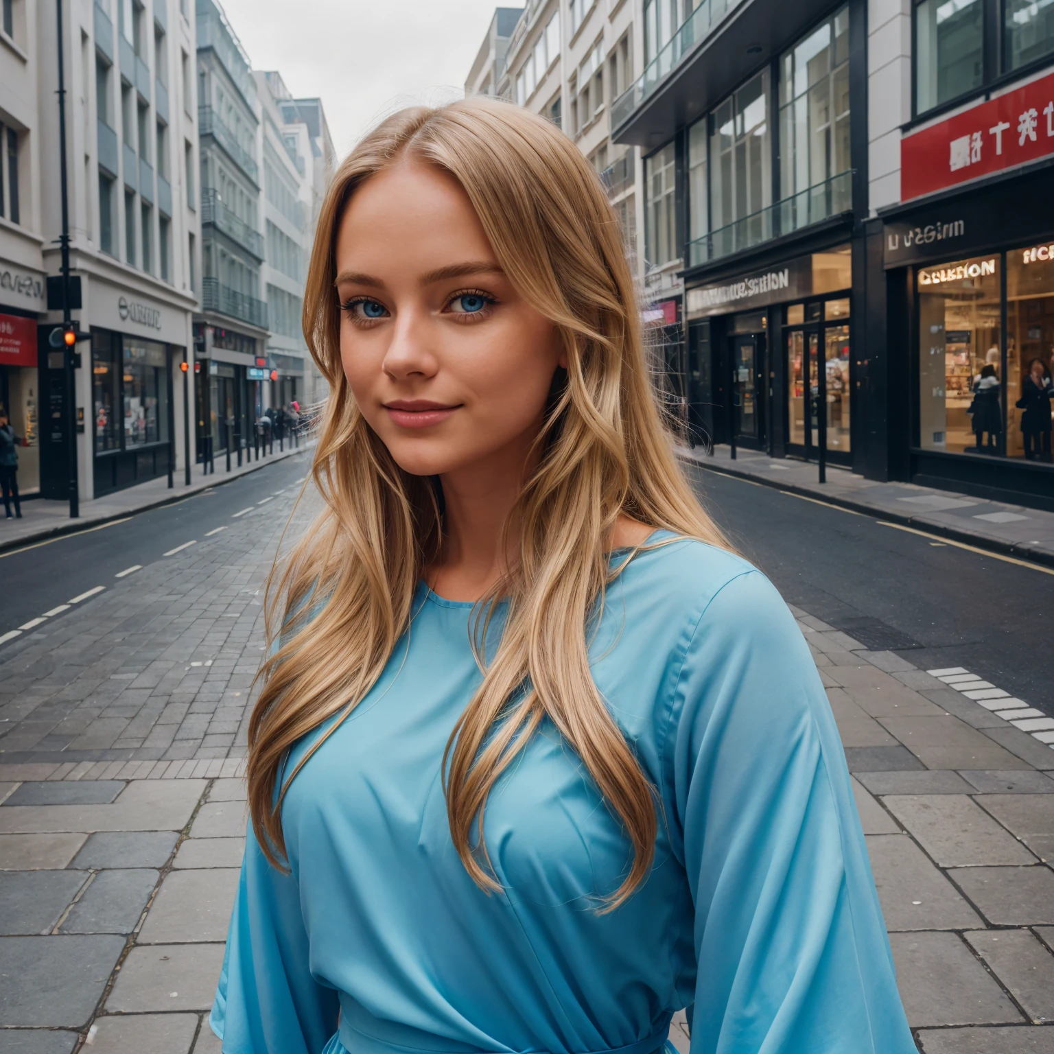 professional portrait photograph of a gorgeous 22 year,Norwegian girl Lise Olsen in london with long wavy blonde hair,blue eye,cute smile,sultry flirty look, gorgeous symmetrical face, cute natural makeup, wearing red gown, ((taking selfie in city street)), stunning modern urban environment, ultra realistic, concept art, elegant, highly detailed, intricate, sharp focus, depth of field, f/1. 8, 85mm, medium shot, mid shot, (((professionally color graded))), bright soft diffused light, (volumetric fog), trending on instagram, hdr 4k, 8k