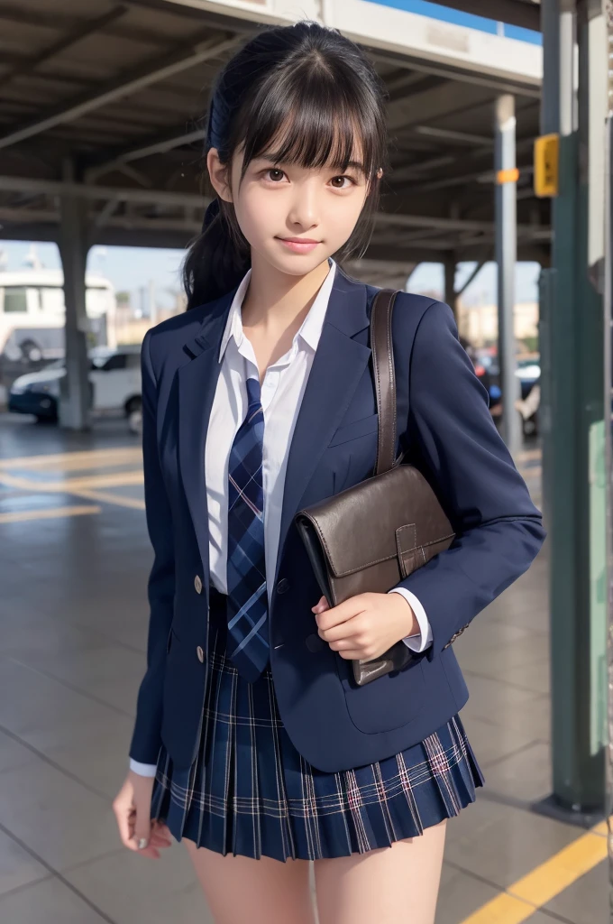 Navy blue blazer,Dark blue plaid pleated skirt,tie,15 years old,high school girl,Black Hair,bangs,Straight Hair,ponytail,Dark Eyes,Small Face,Young face,Clean eyes,Small Mouth,Showing teeth,slender,Young face,,Flat chest,train,Station platform,live-action,Realistic photos,8K,Happy face,Ultra HD,Standing posture,whole body,Ruck sack,