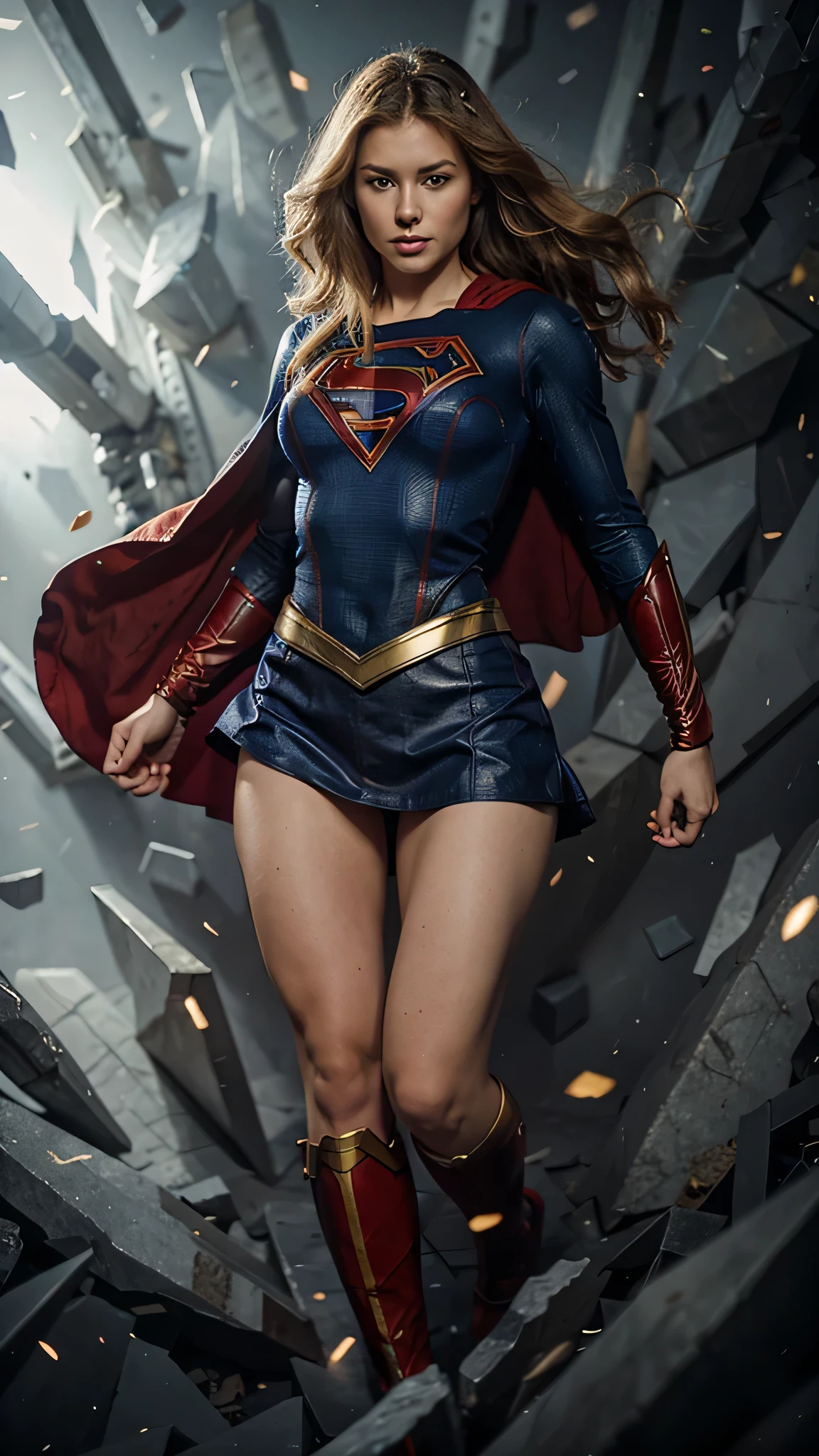 The character Supergirl, extremely realistic costume, extremely realistic anatomy, shy smile, beautiful woman, beautiful blond hair , perfect hands anatomy