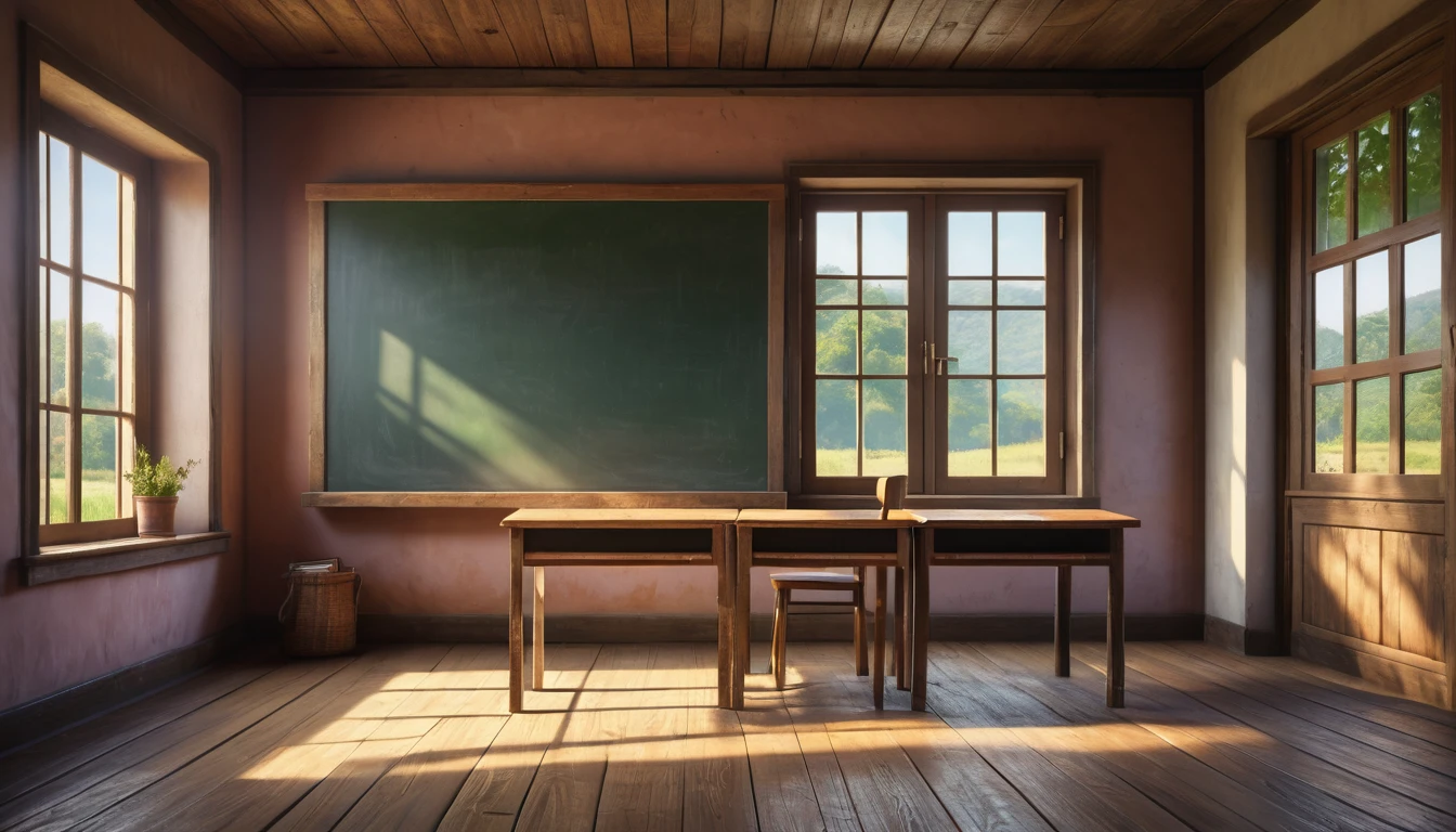 a simple rural classroom, 1 student desk, blackboard, chalkboard, wooden floor, open window, natural sunlight, peaceful countryside view, detailed textured environment, (best quality,4k,8k,highres,masterpiece:1.2),ultra-detailed,(realistic,photorealistic,photo-realistic:1.37),cinematic lighting,warm color tones,highly detailed painting,intricate background