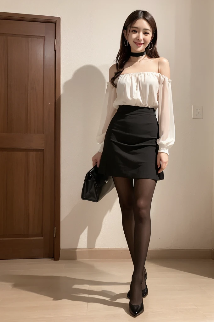 ulzzang-6500-v1.1, (RAW Photos:1.2), (Photorealistic), Beautiful detailed girl, (Genuine: 1.4), Very detailedな目と顔, Beautiful and fine details,  (Strapless blouse, flare skirt, Ultra-realistic pantyhose:1.2, Black choker)、Esbian all over、 (A very loving smile:1.2)、Large file size, High resolution, Very detailed, Highest quality, [masterpiece:1.6], Awareness-raising, Very detailed,  In detail, Highest quality, 8k wallpaper, Cinema Lighting, One Girl, 17 years old, Perfect figure, Cute droopy eyes、Beautiful big eyes、 ((masterpiece)), Highest quality, One Girl, eye shadow, Upper Body, Portraiture, ((Full Body Shot:1.6))、