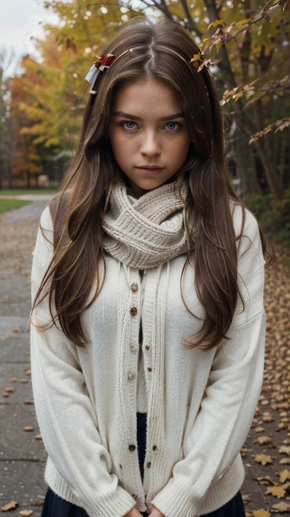 (masterpiece), best quality, ultra-detailed, illustration, warm lighting, soft lighting, bright colors, 1 girl, solo,( beautiful girl, long hair, blue eyes, ribbon, brown hair, hair between eyes, hair ribbon, sidelocks, very long hair, messy hair,) , autumn, many maple tree, maple leaves, golden leaves, fall foliage, Dried leaves, river, crisp air, peace, cool breeze , sweater weather,( wear white or brown sweater, red scarf, Moody fall, Wistful, Melancholy, sad ,worried, Longing,)