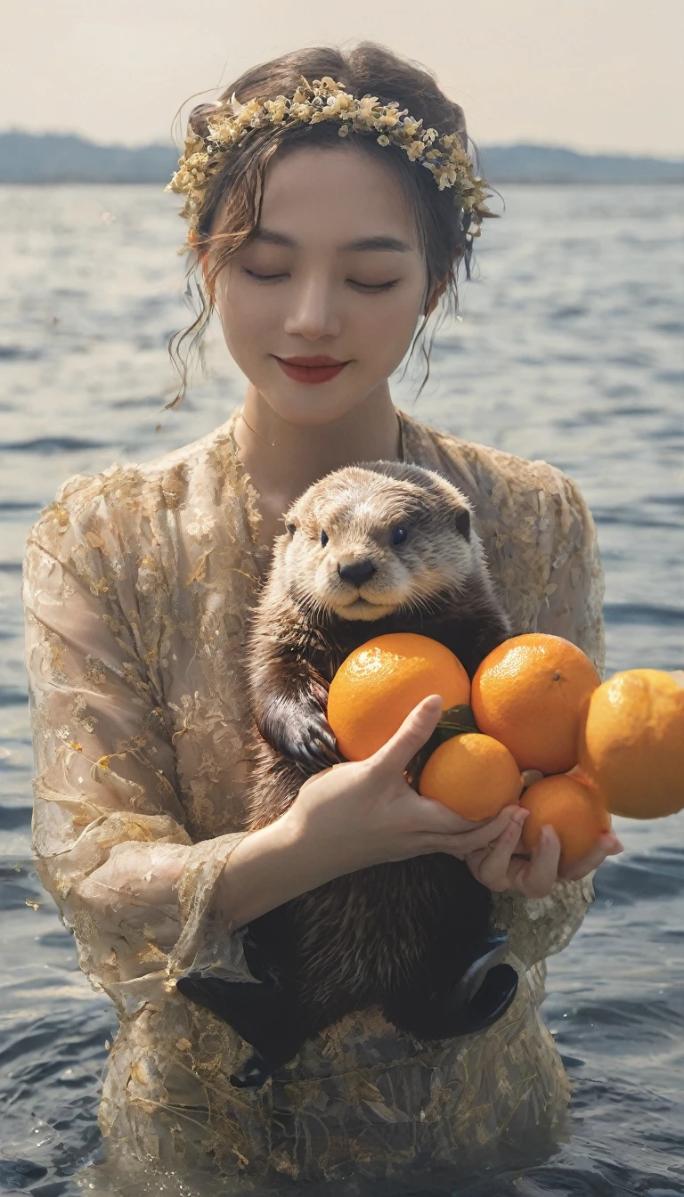 Abstract、Sea otter floating in the sea、Holding a tangerine in both hands