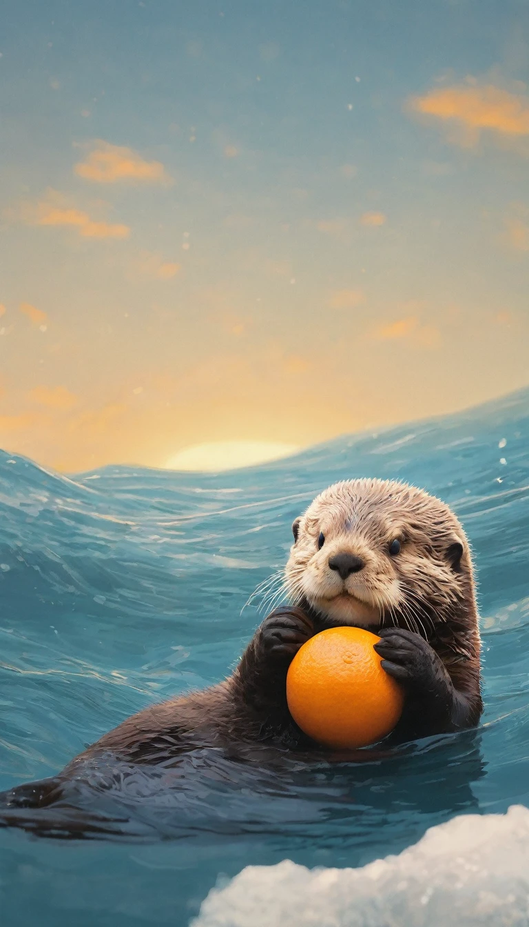 Abstract、Sea otter floating in the sea、Holding a tangerine in both hands