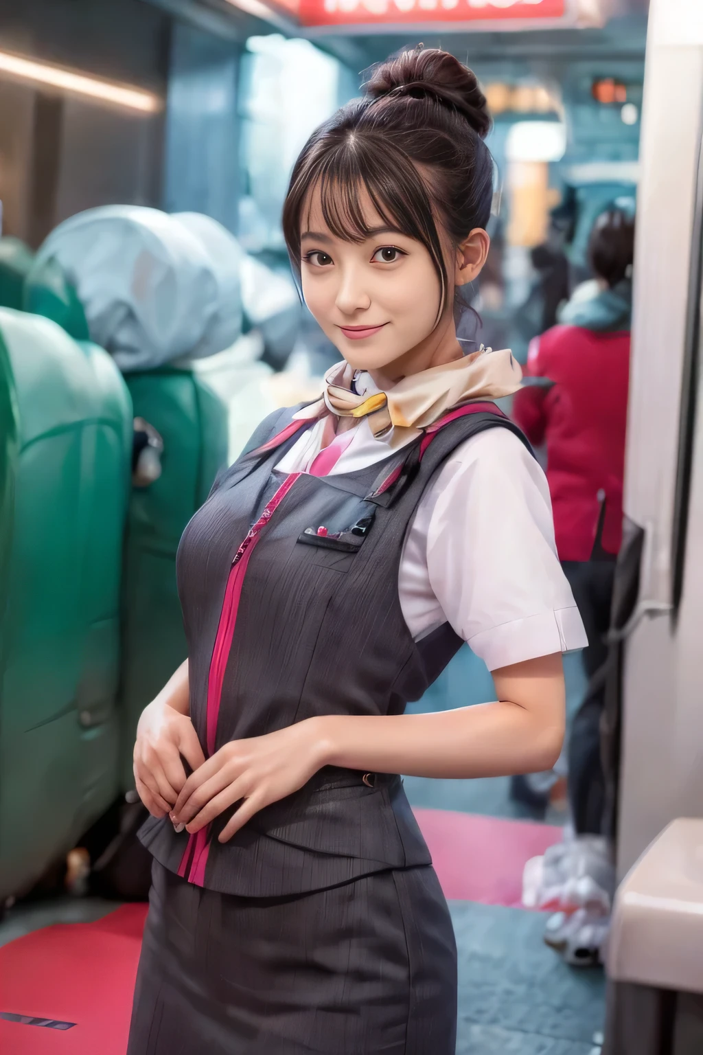 (masterpiece:1.2, Highest quality:1.2), 32k HDR, High resolution, (alone、One girl)、(At the station platform、Professional Lighting)、Empty train station platform background、(Realistic style of JR Gran Class crew uniform)、Short sleeve blouse、a scarf around the neck、(JR Gran Class flight attendant uniform with pink parts on the skirt sleeves)、(The uniform of a flight attendant in JR Gran Class has a pink line on the front zipper of the vest.)、Dark brown hair、(Chignon、Hair tied up)、Dark brown hair、Long Shot、Big Breasts、((Great hands:2.0)),((Harmonious body proportions:1.5)),((Normal limbs:2.0)),((Normal finger:2.0)),((Delicate eyes:2.0)),((Normal eyes:2.0)))、Big Breasts、Luxury Necklace、smile、Beautiful standing posture,Place your hands around your stomach