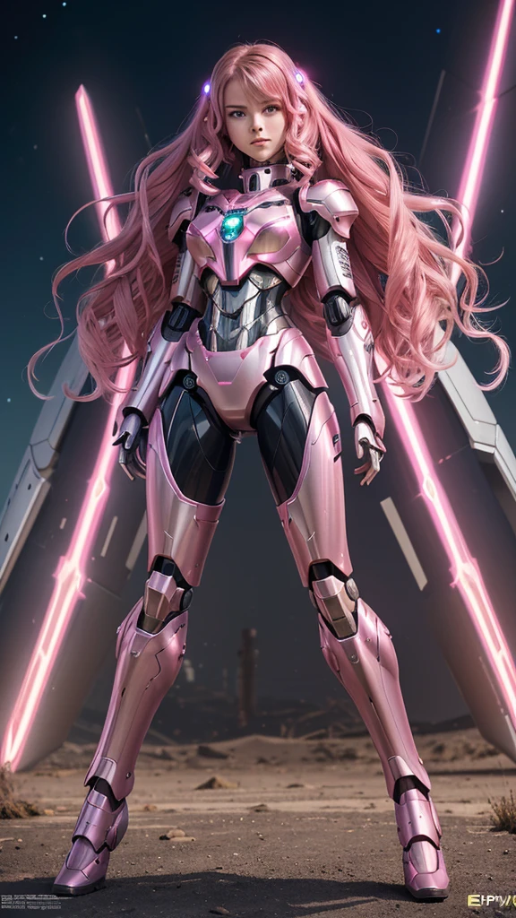 Best quality, masterpiece, awards winning photograph, Teen robot girl, full makeups, pink wavy hair, ultra realistic, hair blown by the winds, glowing pink eyes, mechanical armor, ex Machina, ((full luminous mecha armor)), ((epic mecha armor details)), android girl, perfect face, ((full body portrait)), cinematic light, epict lights details, symmetrical pose.