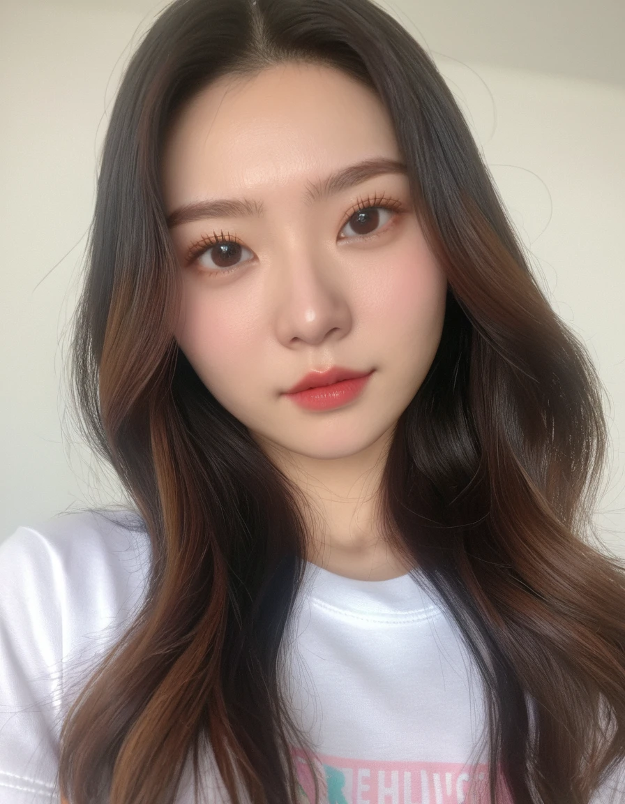 Best Quality, 8k, Masterpiece, (Portrait: 1.3), (photo realistic:1.4), (hyper realistic:1.4), Sharp Focus, looking at viewer, (smoother lighting:1.1), (increase cinematic lighting quality:0.9), realistic lighting, backlighting, light on face, ray trace, (brightening light:1.2), (Increase quality:1.4), sharp detail, (best quality real texture skin:1.4), finely detailed eyes, black_eyes, finely detailed face, 25 year old Korean woman, (white t_shirt:1.4), (Create an image maintaining the original base model hairstyle:1.5)