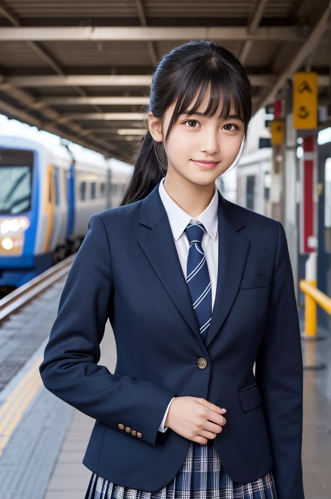 Navy blue blazer,Dark blue plaid pleated skirt,tie,15 years old,high school girl,Black Hair,bangs,Straight Hair,ponytail,Dark Eyes,Small Face,Young face,Clean eyes,Small Mouth,Showing teeth,slender,Young face,,Flat chest,train,Station platform,live-action,Realistic photos,8K,Smile,Ultra HD,Standing posture,whole body,Ruck sack,