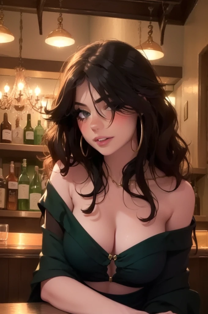 (masterpiece, best quality, ultra-HD, wallpaper, cinematic, photorealistic), (close-up shot), (alluring woman, sensual pose), (perfect anatomy, voluptuous body, very glossy skin, reddish skin), (medium cleavage), (perfect hands, perfect feet), ((Deep emerald green silk off-the-shoulder top paired with a black mini skirt)), ((Romantic curls with a mix of dark and light brown)), ((Gold chandelier earrings and strappy gold heels)), ((sitting in a bar)), ((sensual pose))