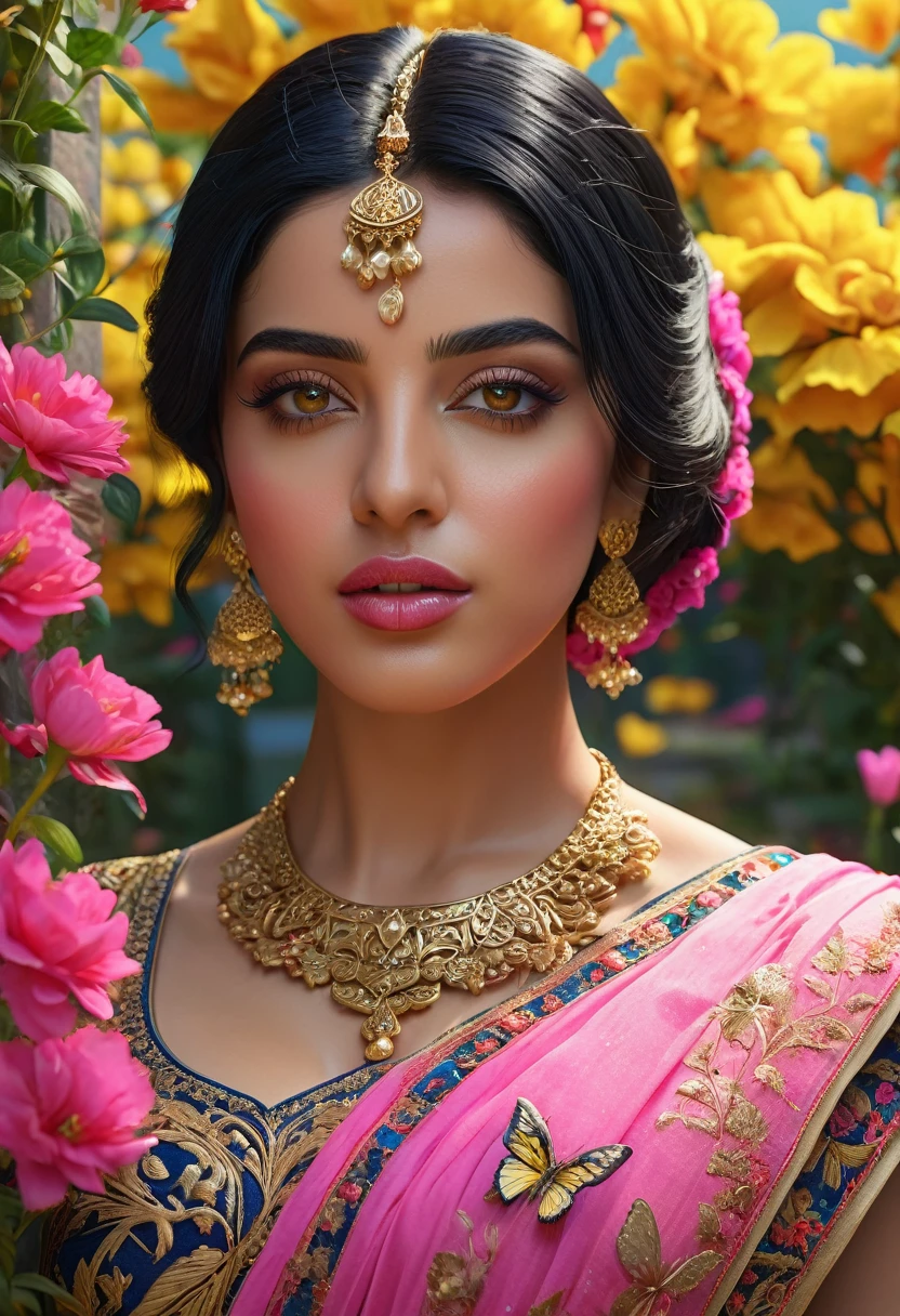 a middle east woman with black hair, beautiful detailed eyes, beautiful detailed lips, extremely detailed face, butterflies in her hair, wearing a pink saree dress with gold details, standing in a garden full of yellow, red, blue, pink flowers, ((large breasts)), (best quality,4k,8k,highres,masterpiece:1.2),ultra-detailed,(realistic,photorealistic,photo-realistic:1.37),intricate,ornate,highly detailed,hyper realistic,vivid colors,dramatic lighting,cinematic,ethereal,fantasy,elegant,beautiful,serene
