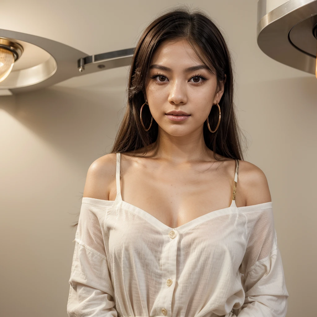 A young 21-year-old woman named Lila Nakamura with a mixed Japanese and American heritage. She has thick dark black eyeliner, glossy lips, and a neutral to slight smile expression. She has straight, black hair with blonde highlights that falls just past her shoulders, styled in a neat and polished manner. Her eyes are almond-shaped with a light hazel color, accentuated by subtle eyeshadow and mascara. Her skin has a light to medium tone with a natural, fresh look, and she has a few delicate freckles across her nose. She is wearing a simple, professional outfit, consisting of a white blouse and dark jeans, and accessorized with small gold hoop earrings. The background is a neutral studio setting with soft lighting to highlight her features.