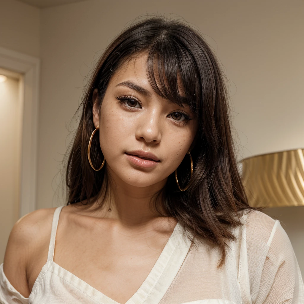 A young 21-year-old woman named Lila Nakamura with a mixed Japanese and American heritage. She has thick dark black eyeliner, glossy lips, and a neutral to slight smile expression. She has straight, black hair with blonde highlights that falls just past her shoulders, styled in a neat and polished manner. Her eyes are almond-shaped with a light hazel color, accentuated by subtle eyeshadow and mascara. Her skin has a light to medium tone with a natural, fresh look, and she has a few delicate freckles across her nose. She is wearing a simple, professional outfit, consisting of a white blouse and dark jeans, and accessorized with small gold hoop earrings. The background is a neutral studio setting with soft lighting to highlight her features.