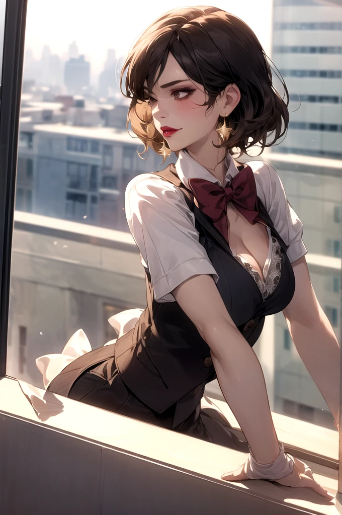 1girl, matured female, vest, bow, best quality, hires, detailed face, office, buildings from window, detailed background, diffused sunlight, depth of field, bokeh,big breasts, cleavage, chandelier earrings,sharp jawline,makeup, lipstick 