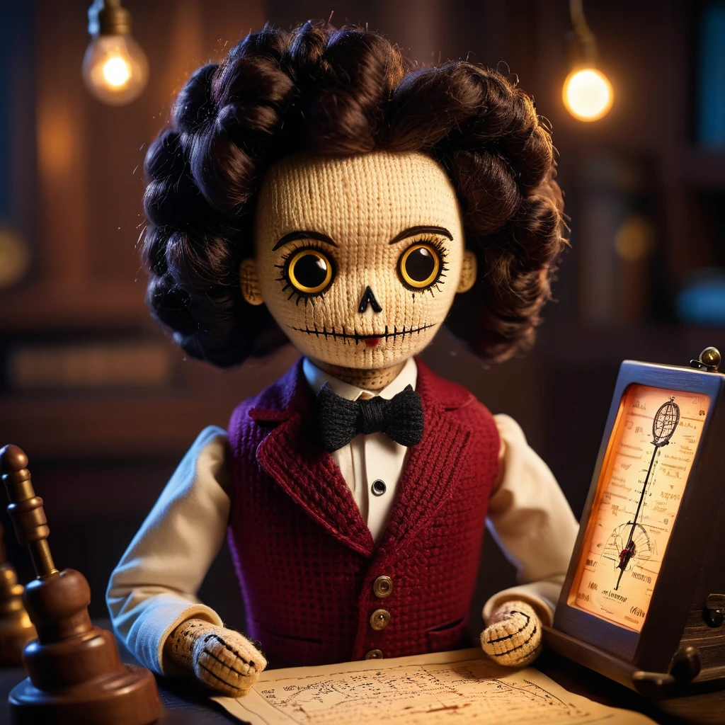 (voodoo doll crochet toy:1.5), (voodoo Samuel Morse:1.3), (voodoo stitches in the form of dots and dashes:1.9), (clothing: 19th century formal suit:1.0), (accessories: enchanted telegraph key emitting sparks of communication magic, floating spectral dots and dashes:1.1), (background: mystical telegraph office with floating telegraph wires, glowing Morse code symbols and spectral operators:1.2),, best quality, masterpiece, detailed soft oil painting, detailed background, dramatic cinematic lighting, soft edge lighting, professional, dramatic lighting, hard edge lighting, ultra quality, 4k, masterpiece, best quality, 8k, ultra high definition, high resolution, extremely detailed