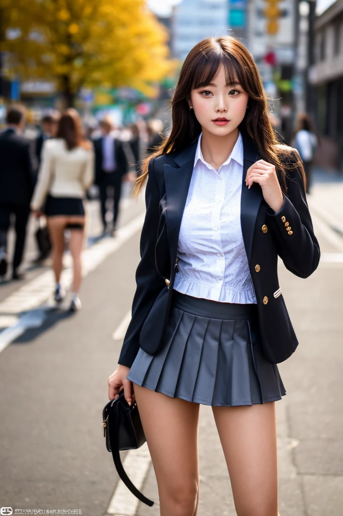 a 18 year old girl, she is the most beautiful actress in the world, the perfect body proportions of this girl, the blazer for a female is firmly covering the formal shirt which is worn on her upper body, the panties between her legs are seen just a little thanks to the short skirt is too short, her bare thighs, standing, at the city street, best quality, highly detailed, masterpiece, ultra high res, photo realistic, 8k