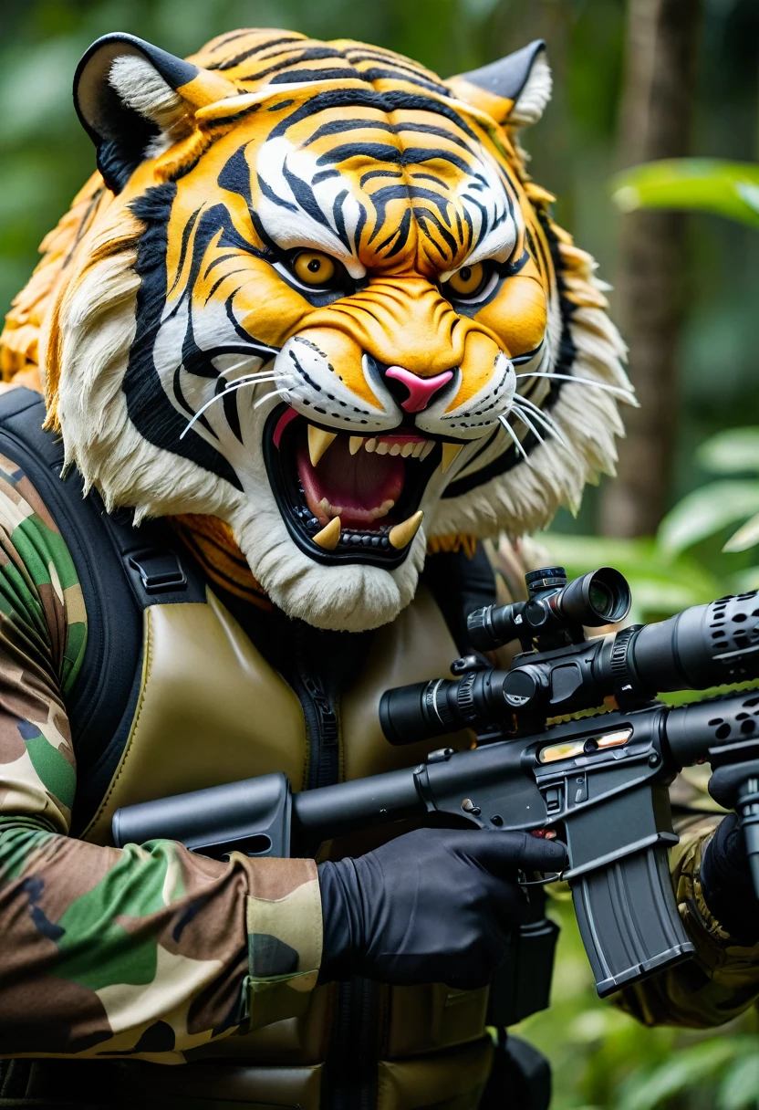 (a dark-skinned fat muscular old man in a bulky army camouflage zipper diver suit) shooting with sniper rifle and (wearing realistic roaring siberian tiger mask), muscular, Basuki Abdullah, sumatraism, action, a character portrait, heroic, fierce, snarling