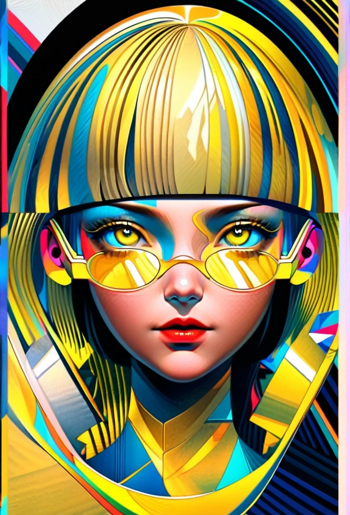 (((yellow glasses:1.3))), headphone, short hair, blunt bangs,Please turn the provided image into a painting keeping the same agape face features and realistic likeness and with the following characteristics: Art Style: Flowing Picasso style. Colors: Vibrant and dynamic, using bold and contrasting colors like the photo Details: Emphasize abstract shapes and flowing lines to capture the essence of her features. Mood: Artistic and expressive, with a surreal and imaginative touch. Background: Complementary to the Picasso style, potentially with abstract elements or patterns. Note: The final image should creatively reinterpret her likeness in a way that feels both unique and artistic, reminiscent of Picasso's distinctive and abstract painting style.